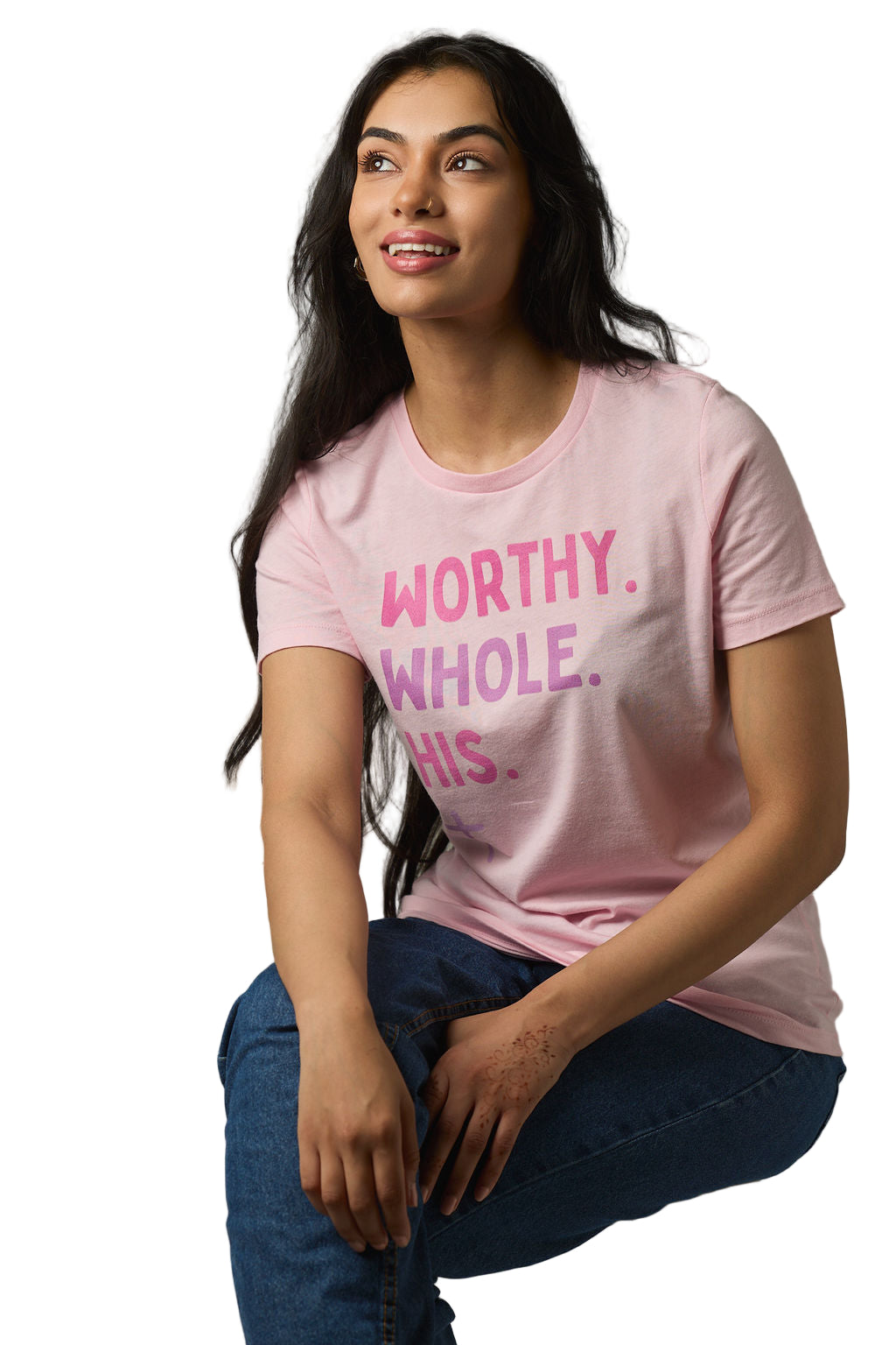 Worthy Whole His Soft Pink Tee — Three-Tone Faith Design with Lilac Cross