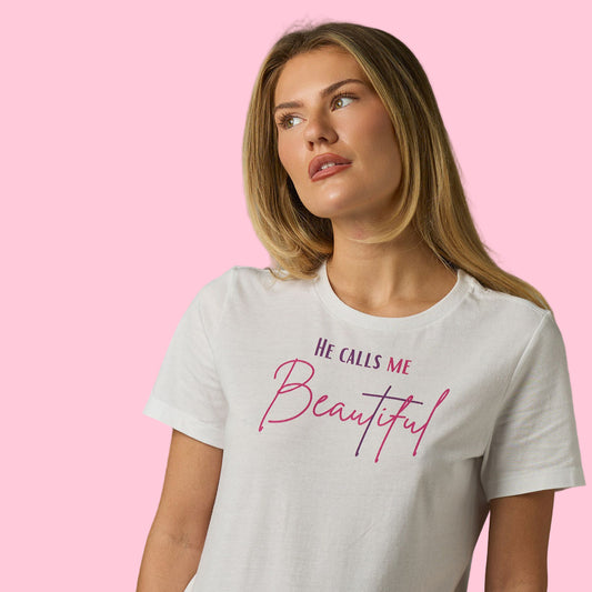HE CALLS ME Beautiful White Tee — Faith-Inspired Cross Design in Purple & Fuchsia