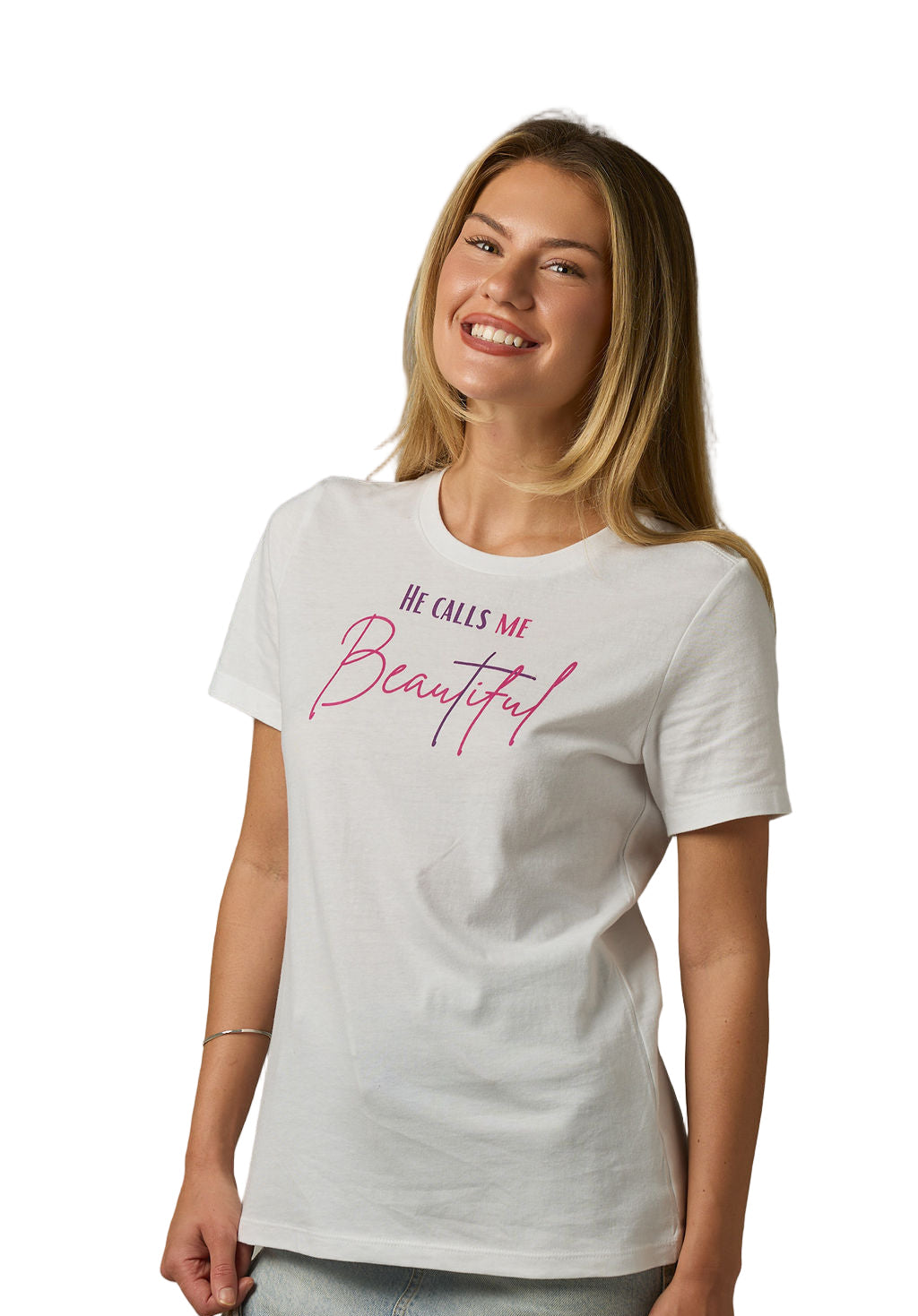 HE CALLS ME Beautiful White Tee — Faith-Inspired Cross Design in Purple & Fuchsia