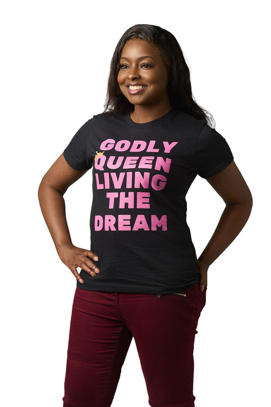 Bold black tee with bright pink “Godly Queen” design and crown detail.