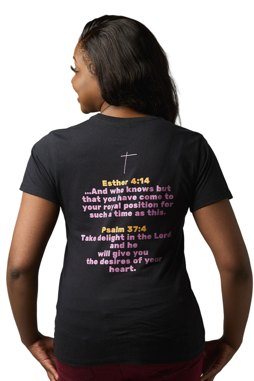 Bold black tee with bright pink “Godly Queen” design and crown detail.
