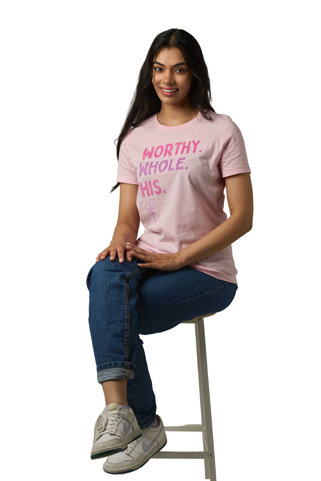 Worthy Whole His Soft Pink Tee — Three-Tone Faith Design with Lilac Cross