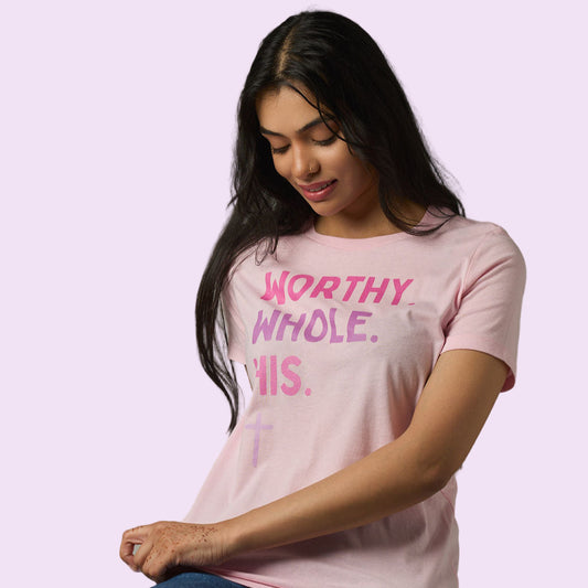 Worthy Whole His Soft Pink Tee — Three-Tone Faith Design with Lilac Cross